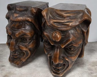 Pair of Antique Hand Carved Wooden Jester Heads