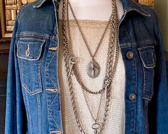 Ben Amun Long Multi Strand Necklace, Antiqued Silver Tone Pewter, Faux Locket, Gothic Skeleton Key, Steampunk