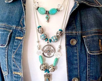 Multi Strand Pendant Necklace, Stash Box, Boho, Faux Turquoise, Poison Pendant, Sterling Pendants