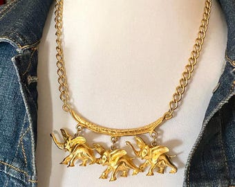 Vintage Art Elephant Necklace, Arthur Pepper, Gold Elephant Charms, Upcycled