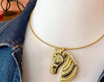 Zebra Pendant Necklace, Gold Wire Choker, Rhinestone, Enamel, Upcycled, OOAK