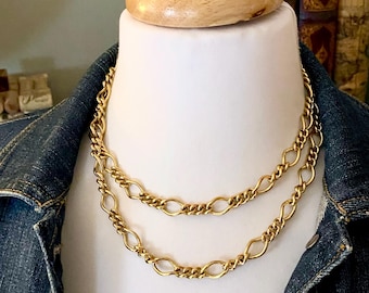 Anne Klein Long Gold Chain Necklace, Wear Doubled as Choker, Quality Piece, Figaro Chain 36 Inches