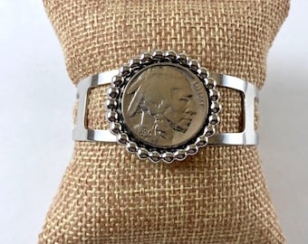 Buffalo Nickel Bracelet Cuff, 1930 Coin, Vintage, Silver Tone, Small Wrist