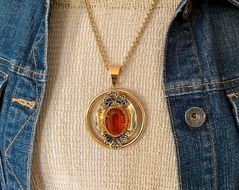 Ornate Etruscan Necklace, Citrine Amber Color Bezel Faceted Glass Pendant, Vintage