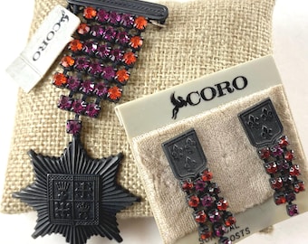 Coro Vintage Set, Pierced Earrings, Brooch, Medallion Theme, Rhinestones Orange Purple NOS, Tags