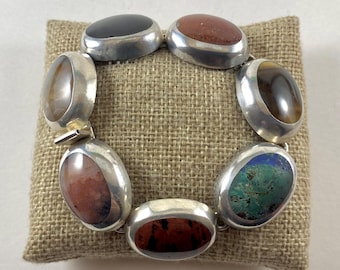 Vintage Taxco Bracelet, Sterling Silver, Various Stones, Oval Cabochon Setting, Mexico, 8 Inch, 56 Grams