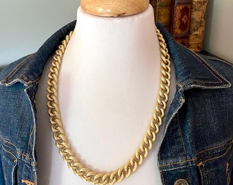 Chunky Chain Necklace, Vintage Aluminum Textured Curb Chain, Light Gold Color