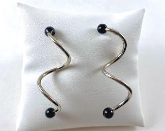 Spiral Swirl Silver Tone Earrings, Black Beads, Geometric