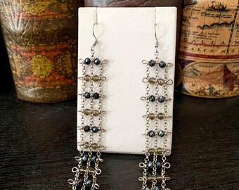 Extra Long Chain & Crystal Bead Earrings, Chainmaille, Waterfall, Shoulder Duster