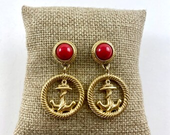 Vintage Nautical Dangle Earrings, Red Cabochon, Anchor, Rope Detailing, Gold Color, Yacht Rock