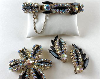 Bracelet, Brooch, Earrings Vintage Set, Caged AB Rhinestones Black Navettes, Prong Set, Flower, Demi-Parure, Hobe Julianna Style