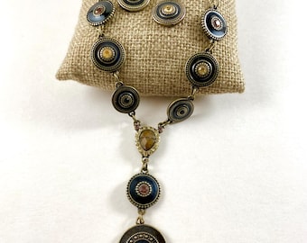 Gothic Antiqued Dark Gold Bronze Necklace Earring Set, Enamel Disc, Rhinestone, Vintage NRT