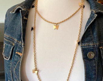 Sarah Coventry Butterfly Long Chain Necklace, Gold tone, Vintage Flutter Byes Style, 70's
