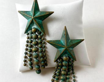 Large Star Dangle Fringe Earrings, Copper Patina, Verdigris, Ball Fringe Dangles, Texas