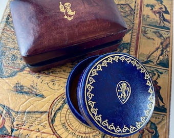Vintage Leather Boxes, Lot of 2 Trinket Jewelry Boxes with Lids, Blue Small Round Heraldic Lion, Waiter Duck Carrying Bottle Motif