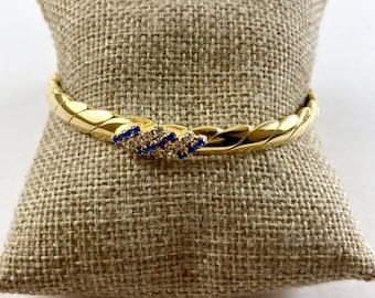 Bangle Bracelet Faux Sapphire Rhinestones, Rope Design, 8 Inch Circumference