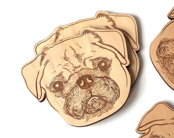 Pug | Dog Coaster Set | Laser Cut Coasters | Wooden Coasters | Dog Illustrations