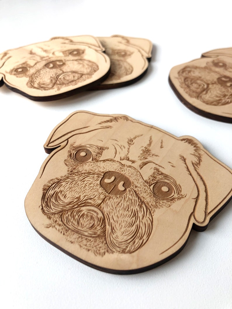 Pug Dog Coaster Set Laser Cut Coasters Wooden Coasters Etsy