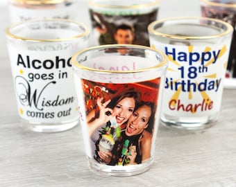 Personalised Photo Shot Glass: White & Gold Rim, Custom Text, Birthday Gift (45ml)
