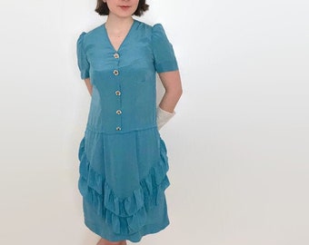 Vintage 1930s Cornflower Blue Silk Tiered Ruffle Dress