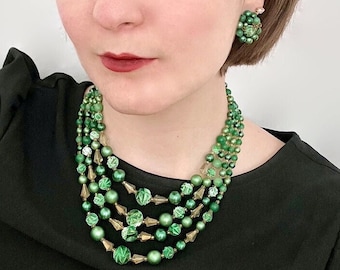 Vintage Green and Gold Beaded Jewelry Set