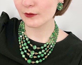 Vintage Green and Gold Beaded Jewelry Set