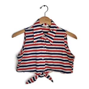 1960s Patriotic Crop Top: Reworked Red White Blue Tie-Front Shirt