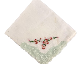 Vintage Orange Floral Handkerchief | White Linen Applique Hanky | Mid Century