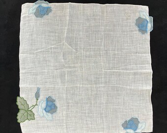 Vintage Blue Rose Applique Handkerchief | White Linen Floral Hanky | Mid Century