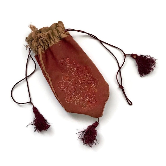 Antique Victorian Embroidered Velvet Bag with Tas… - image 1