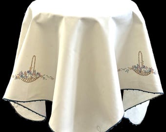 Vintage Embroidered Floral Basket Tablecloth | White Cotton Blue Crochet Edge | Cottagecore Linen