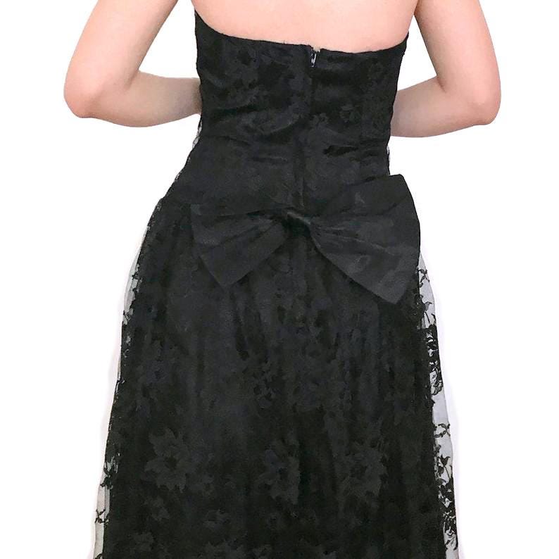 Vintage 1990s Jessica Mcclintock Dress | Black Lace Strapless | Sequin Bow Gown
