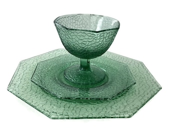 L.E. Smith Green Depression Glass | 1920s By Cracky Pattern | Octagonal Plate & Sherbet | Collectible Replacement Dishes