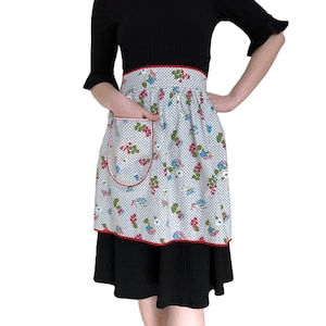 Vintage Gray Check Half Apron | Red Trim Floral Design | Handmade Kitchen Accessory | Ricrac Pocket | Retro Hostess