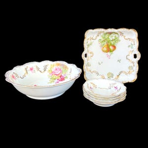 Antique PM Bavaria Porcelain Dessert Set: Hand-Painted Fruit Bowls, Gold Rim, 6-Piece
