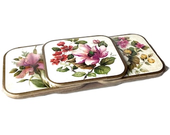 Vintage Floral Paper Coasters | Midcentury Gold Trim Drink Set (Sealed)