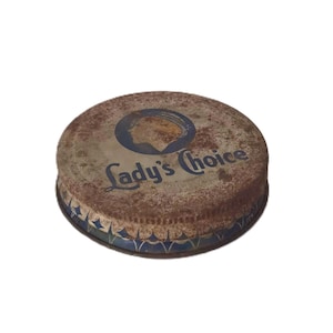 Vintage Lady&#39;s Choice Jar Lid | Blue Hat Lady Art | Rustic Metal Kitchen Decor | Antique Farmhouse Wall Art | Retro Advertising