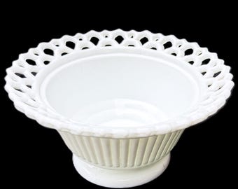 Vintage Lace Edge Milk Glass Pedestal Planter | Ribbed Footed Vase | 7 Inch Diameter