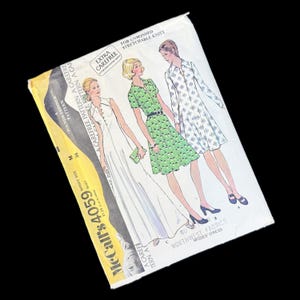 May include: A McCall's 4059 sewing pattern envelope for a misses' dress in size 16, bust 38. The white paper envelope features illustrations of three dress variations: a sleeveless floor-length gown, a green patterned dress, and a long-sleeved dress.