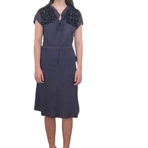 1940s Sequin Dress | Vintage Blue Rayon Peplum | Keyhole Neckline | Wartime Cocktail Dress | Handmade Evening Wear