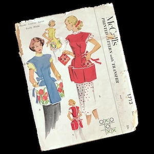 Vintage 1952 McCall&#39;s Cobbler Apron Pattern 1713: Uncut Misses&#39; Small, Includes Transfers