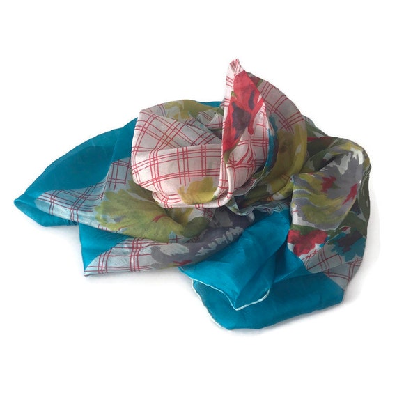 Vintage Turquoise and Red Lattice Silk Scarf - image 1