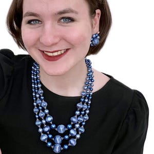 Vintage Cobalt Blue Beaded Jewelry Set: 1960s Japanese Necklace Earrings