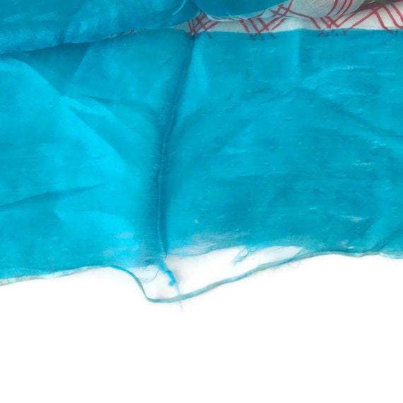 Vintage Turquoise and Red Lattice Silk Scarf - image 3