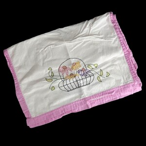 Vintage Table Runner | 1930s Hand Embroidered Flower Basket | Pink Border Cotton 18x53