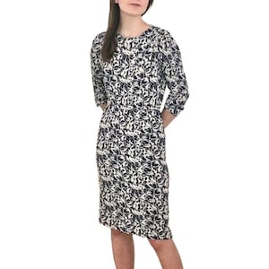 Vintage 1940s Wiggle Dress | Navy White Floral Rayon | Shoulder Pads | Slim Fit Restoration