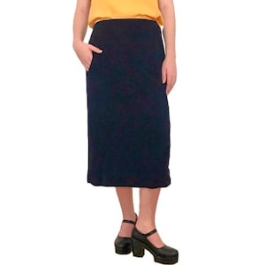 Vintage 1950s Navy Midi Skirt | Wool Blend A-Line | High Waist 30&quot; | Pockets | Classic Midcentury Fashion | 30 Inch Waist