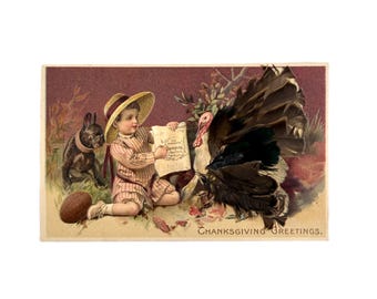 Antique Real Feather Thanksgiving Proclamation Postcard | Boy Dog Turkey |  Embossed Holiday Card