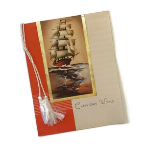 Cartão de Natal vintage para fragata à vela | Feriado náutico dos anos 1940 | Borla dourada | Sem uso, com envelope | Saudação marítima