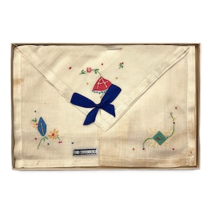 Vintage Monogrammed A Handkerchief Set | Floral Embroidery & Appliqué Linen | Art Deco Design | 9x9in